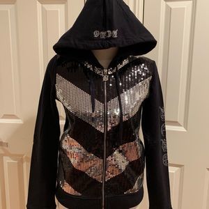 BCBG Maxazaria Black Sequin Zip Up Small Jacket